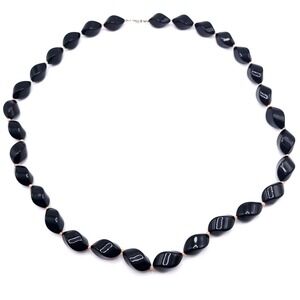 Vintage Black Faceted Bead Necklace 30in Marquise Beads